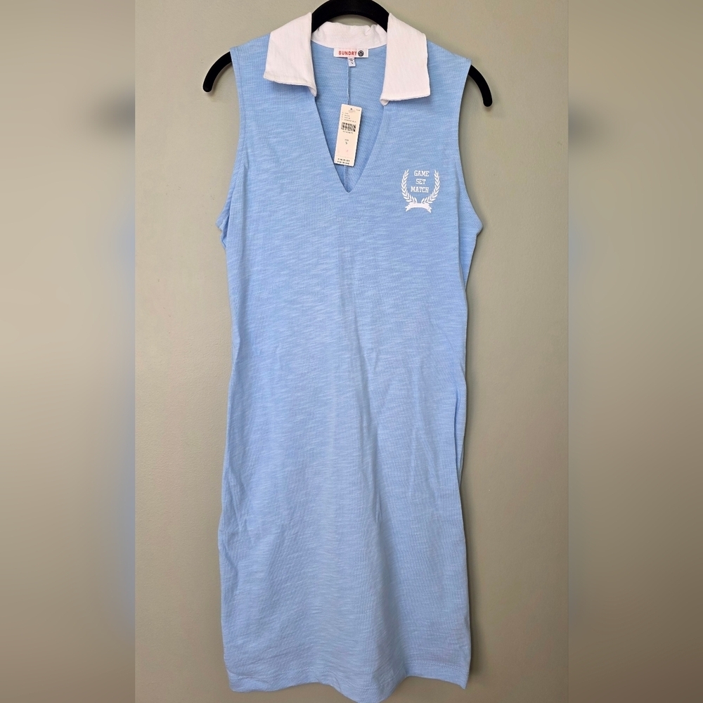 Sundry x Anthropologie Sleeveless Polo Mini Dress in Chambray Blue, Size Small - Picture 5 of 13